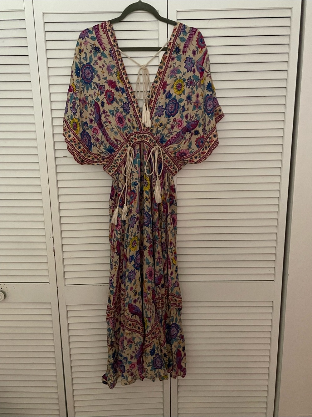 Floral Tie-Waist Maxi Dress in Cream with Pink & Blue